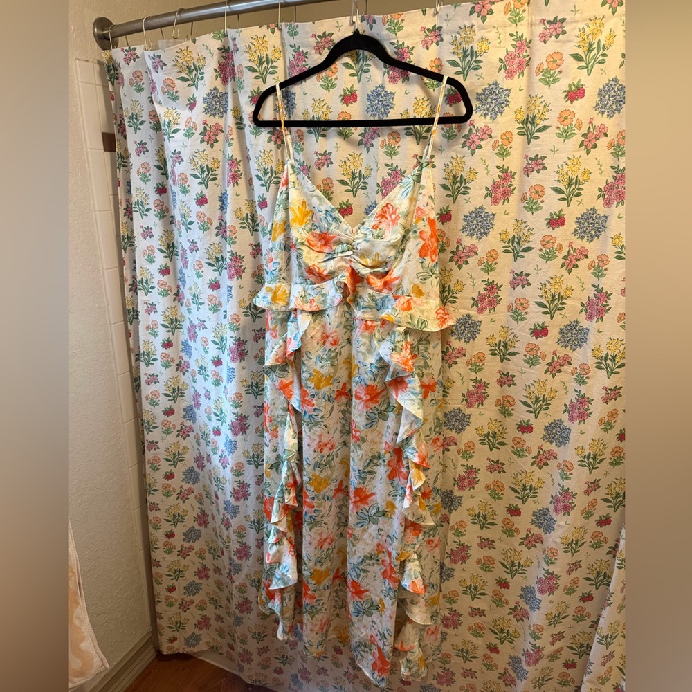 Fashion Nova Cream Floral Sundress with Blue & Orange Blooms